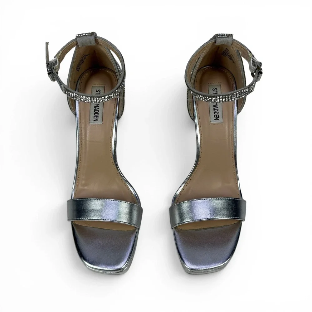 Steve Madden Maisa Silver Rhinestone Platform Sandals Heels Womens 10 Square Toe